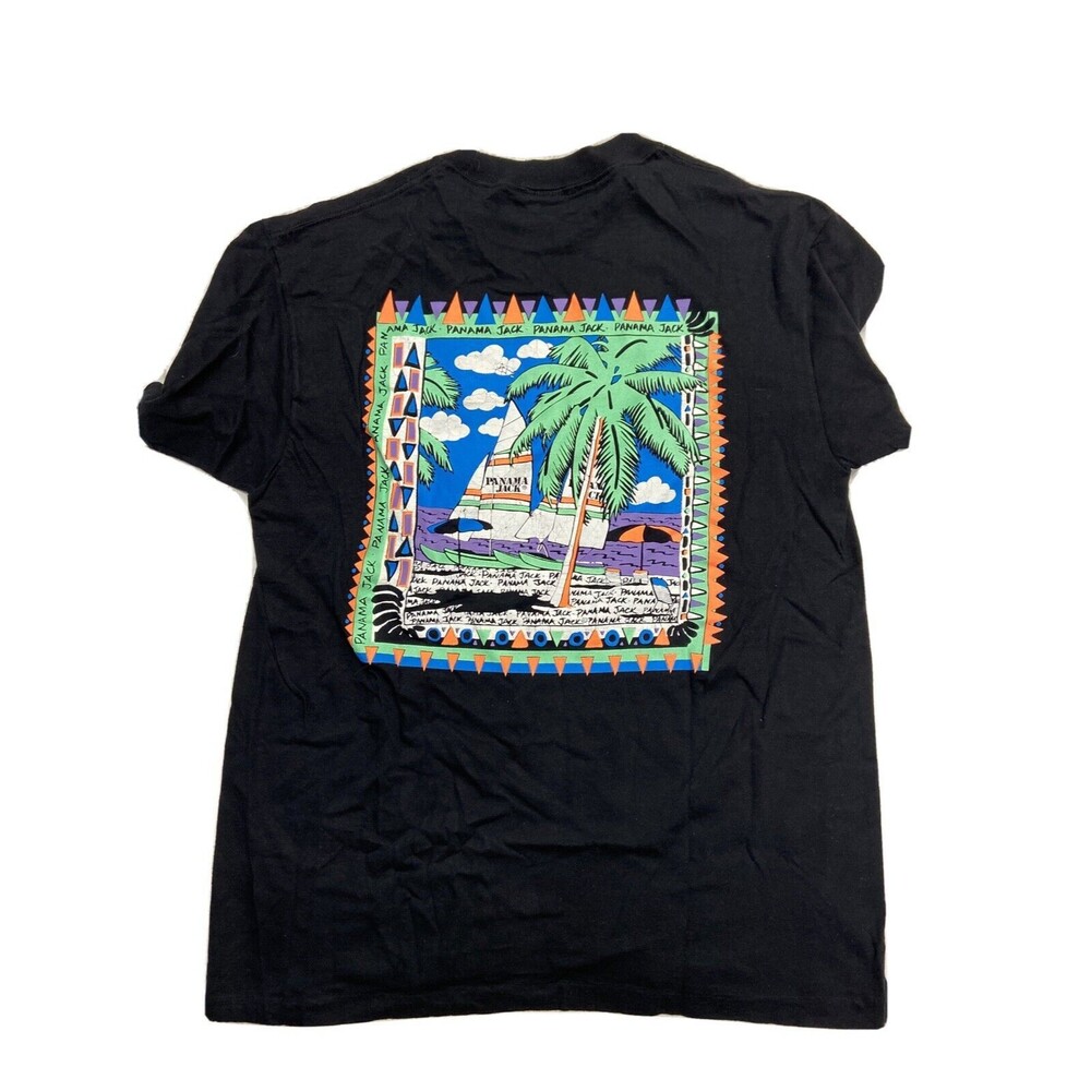 Vintage Panama Jack T Shirt Black Large single stitch made USA‎ Neon Sailboat L